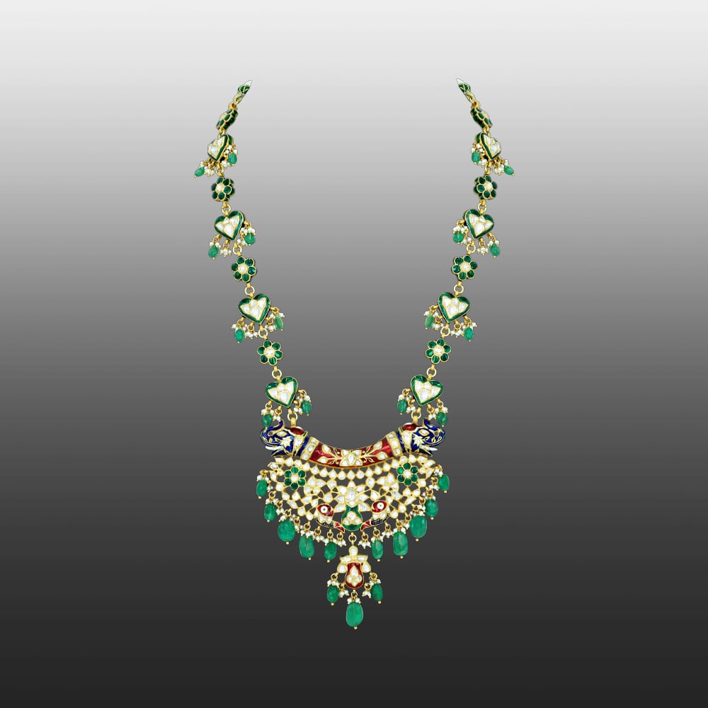 Polki Pendant Necklace with Red-Green Meenakari and Emeralds